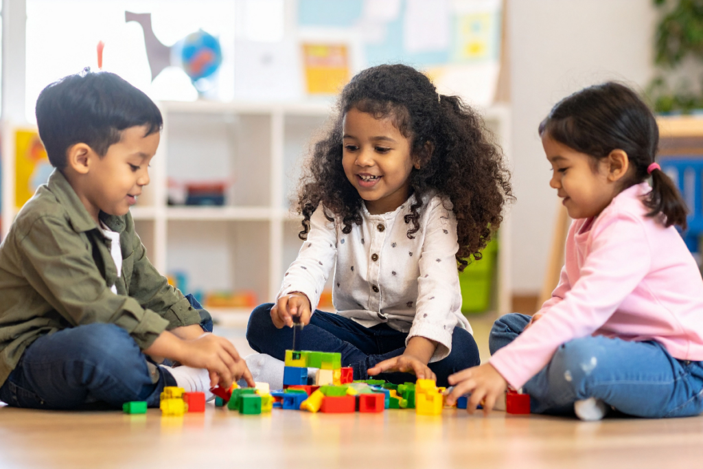 3 bambini giocano insieme all'asilo